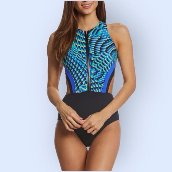 GOTTEX Profile Swimsuit Sz 10 NWT Black Blue Green Zip Formation 1 Pc Beach NEW - Picture 1 of 11